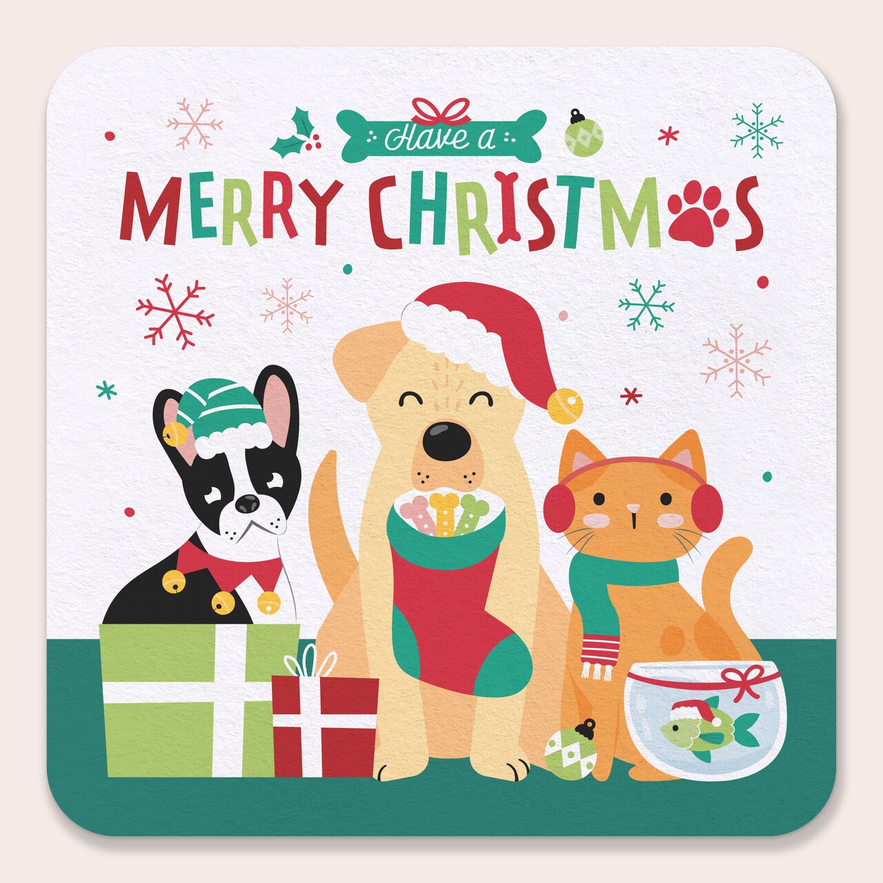 Big Dot of Happiness 25 Ct Christmas Pets Drink Coasters, 4-Inch Disposable Square Paper Coasters, Cats Dogs Holiday Decor Funny Christmas Table Decor